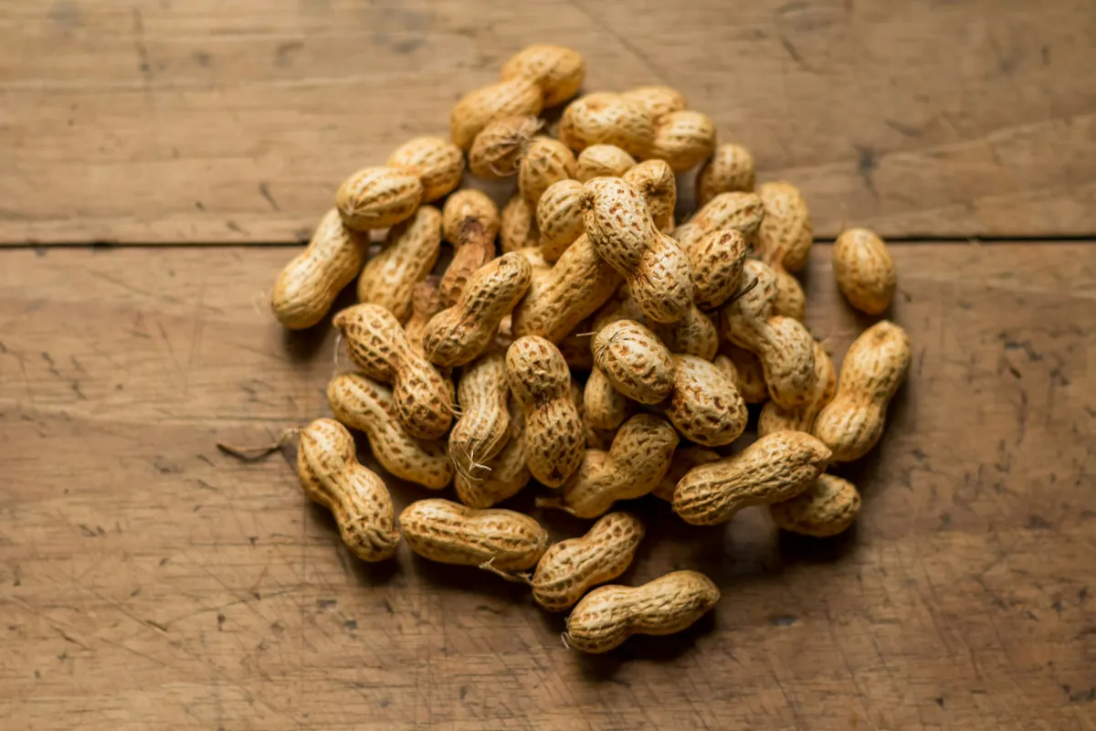 A small pile of peanuts in their shells on a rustic wooden table