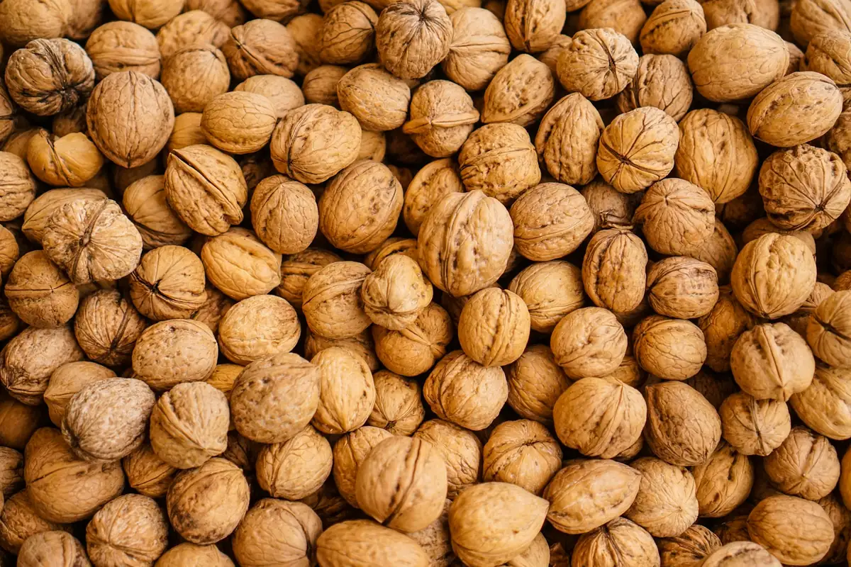 A close-up pile of whole walnuts in their shells at a market