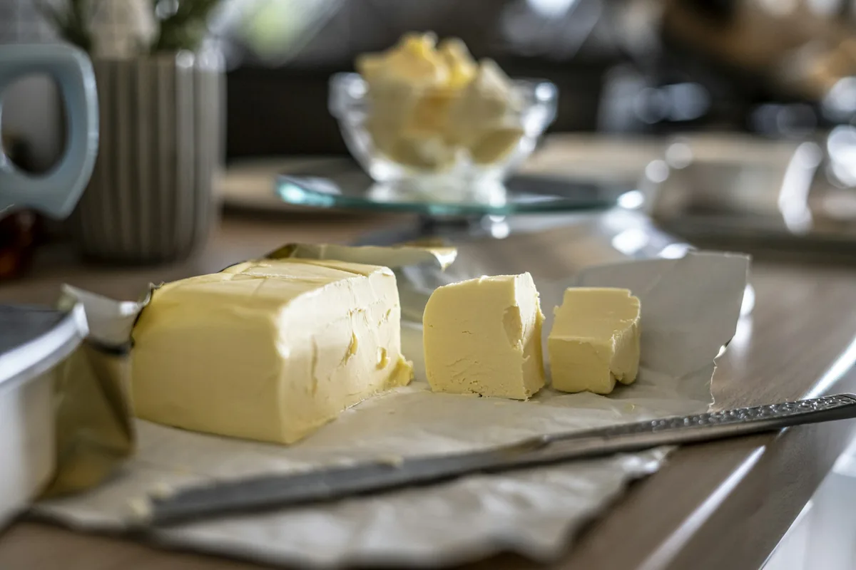 A block of butter cut into cubes on baking paper on a kitchen counter