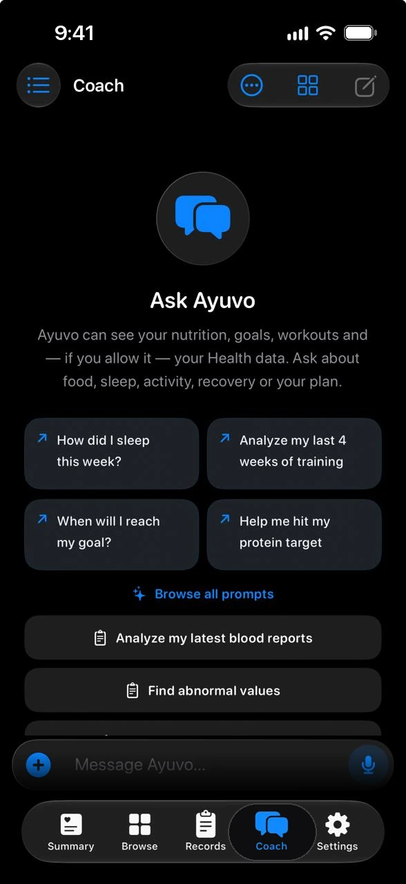Ayuvo coach chat with suggested prompts