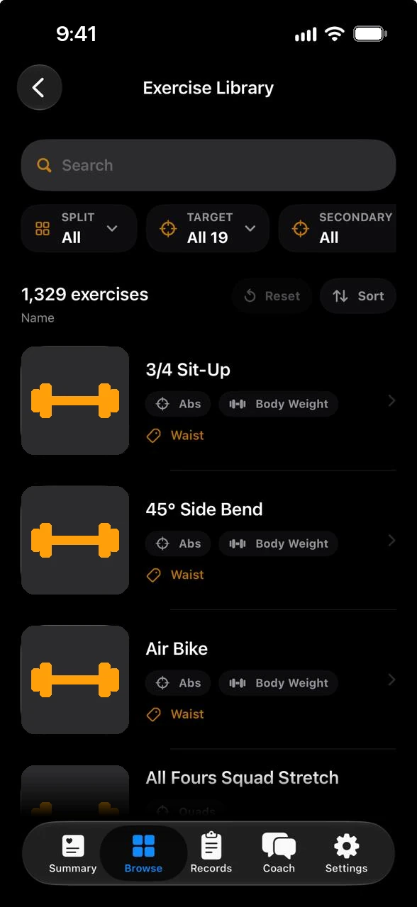Ayuvo exercise library with search and filters