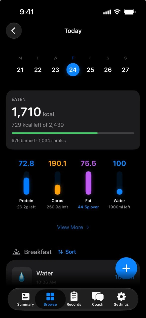 Ayuvo daily nutrition diary with calories, macros and water