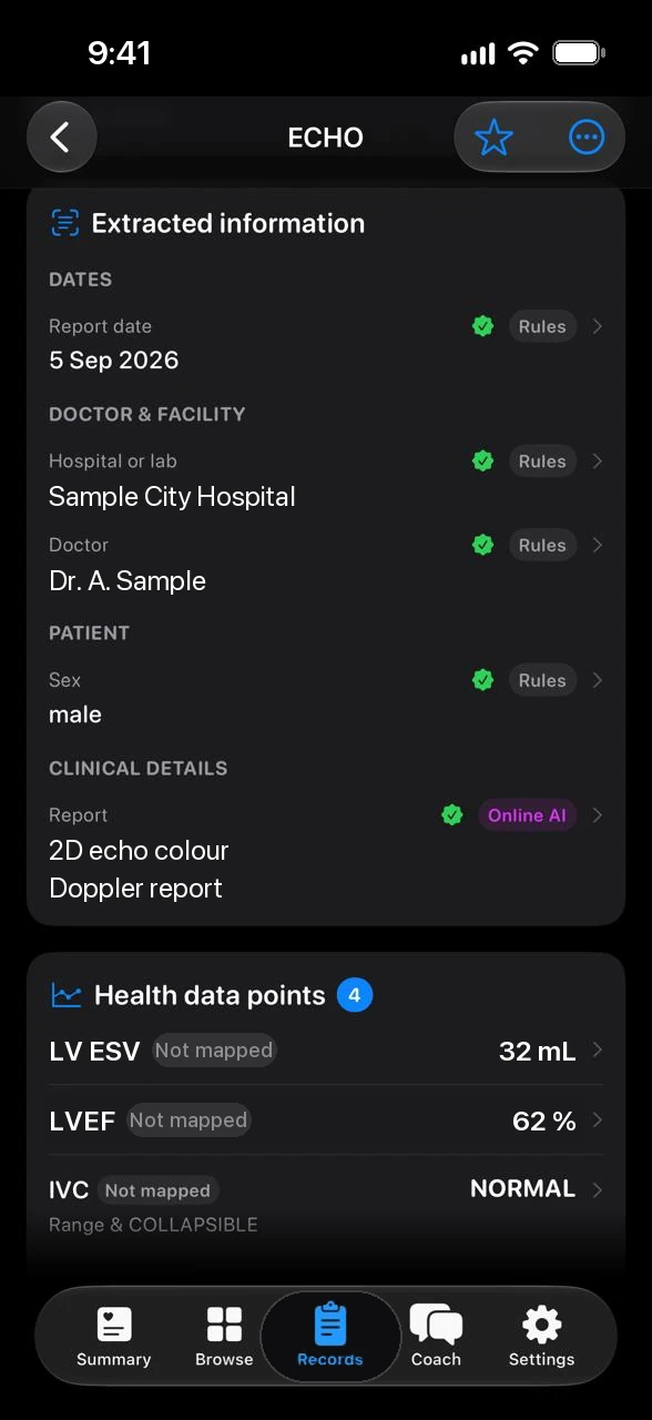 Ayuvo record detail with extracted information and health data points