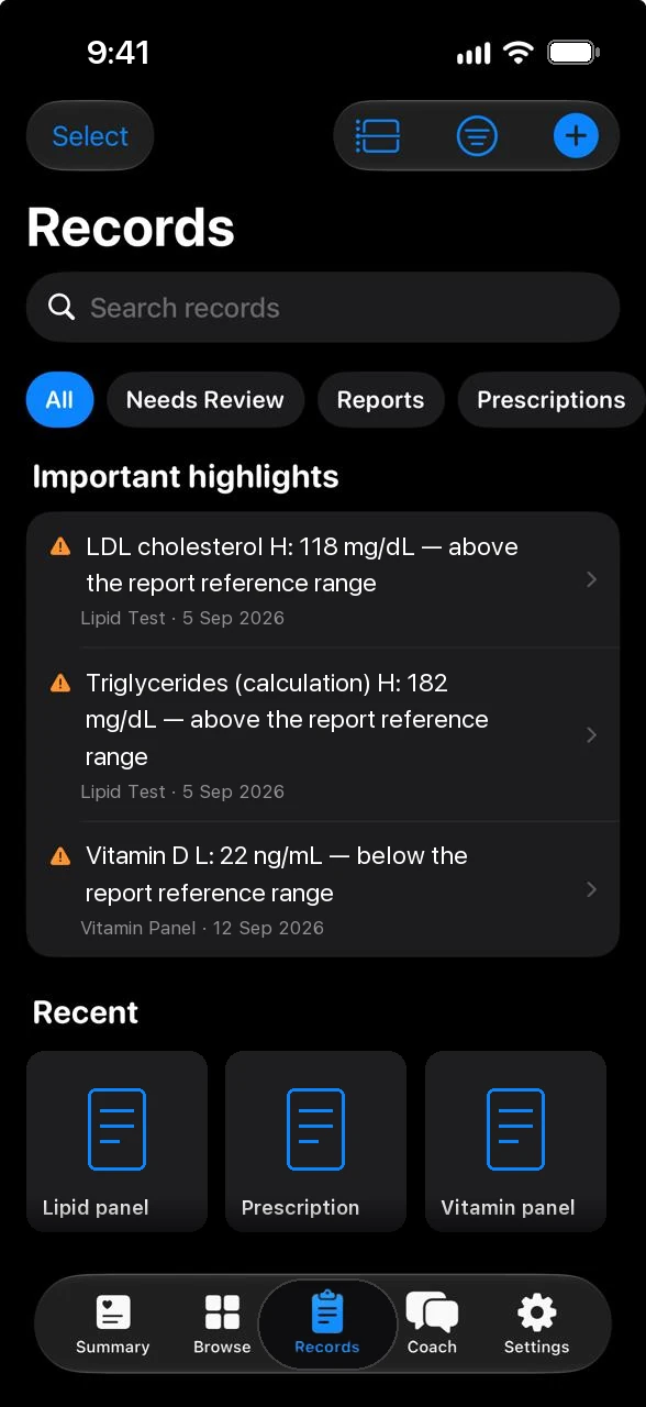 Ayuvo health records with important highlights