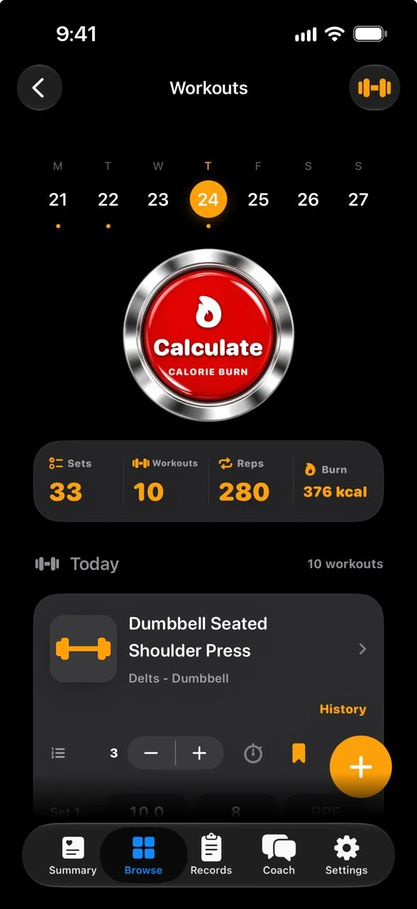 Ayuvo workout diary with calculated calorie burn